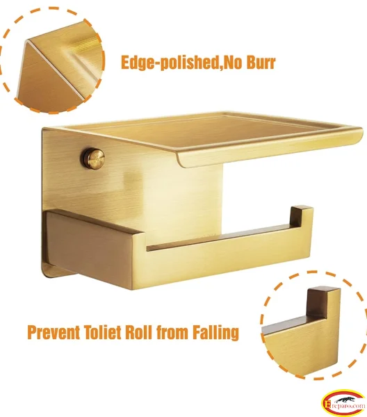HITSLAM Brushed Gold Toilet Roll Holder with Phone Shelf
