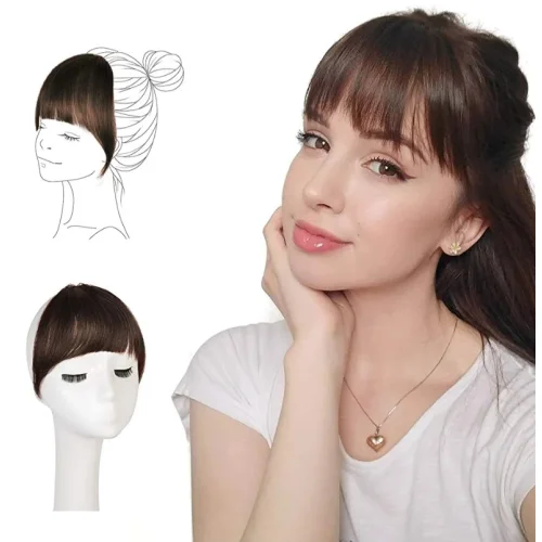 FESHFEN Clip in Fringe Extension, Clip in Bangs 100% Remy Human Hair Curved Fringe Extensions