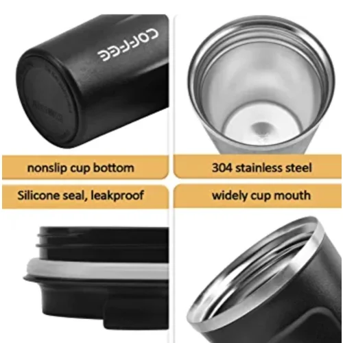 Black Coffee Cup, Vacuum Reusable Leakproof Double Wall Coffee Cup, Insulation Stainless Steel