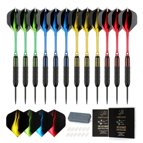 12 Pack Steel Tip Darts, Professional 4 Color Premium Aluminum Shafts