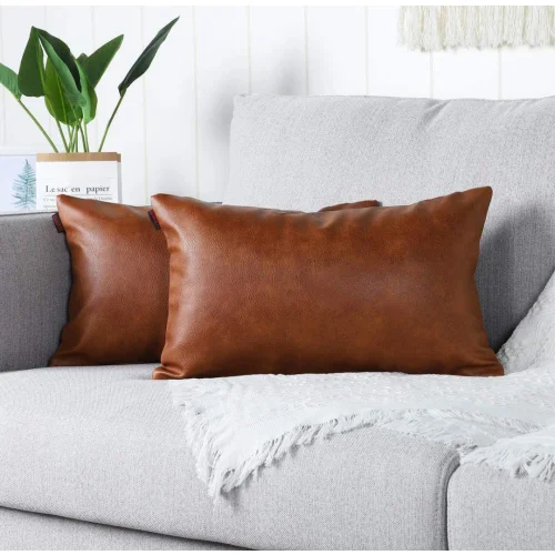 Mandioo Brown Faux Leather Decorative Lumbar Cushion Covers 12x20" Modern Solid  30cmx50cm,Pack of 2