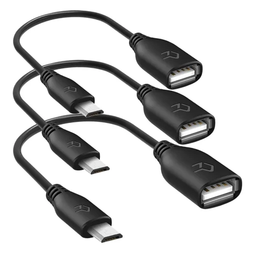 Rankie Micro USB (Male) to USB 2.0 (Female) Adapter, On-The-Go (OTG) Convertor Cable, 3-Pack, Black