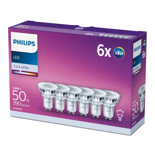 Philips LED Classic 4.6W - 50W Equivalent 220-240V, Standard Cool White 4000K -6 Pack Energy Class F