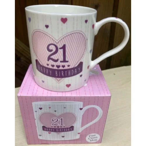 21ST BIRTHDAY – PINK-LILAC HEARTS FINE MUG