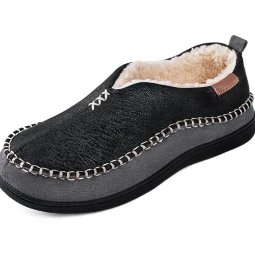 Men's Micro Suede Memory Foam Moccasin Slippers with Fuzzy Sherpa Lining and Anti-skid Sole -size 10