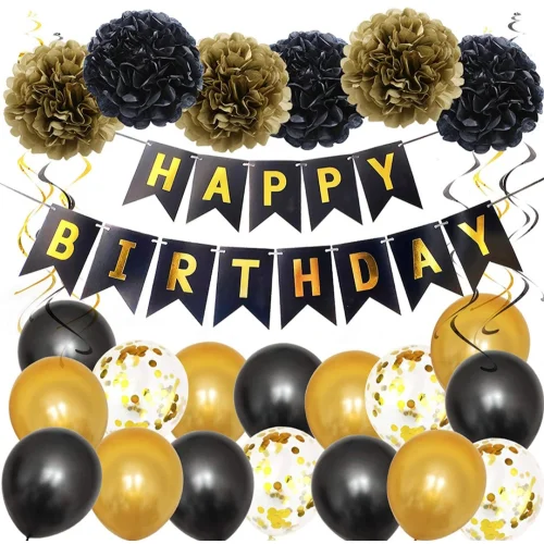 Black Birthday Decorations with Happy Birthday Banner Latex Balloons Paper Pom Poms Hanging Swirl