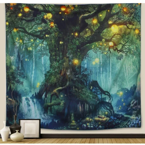 Wall Hanging Tapestry, Tree of Life in Psychedelic Forest under Star Moon Night -51.2"×59.1"