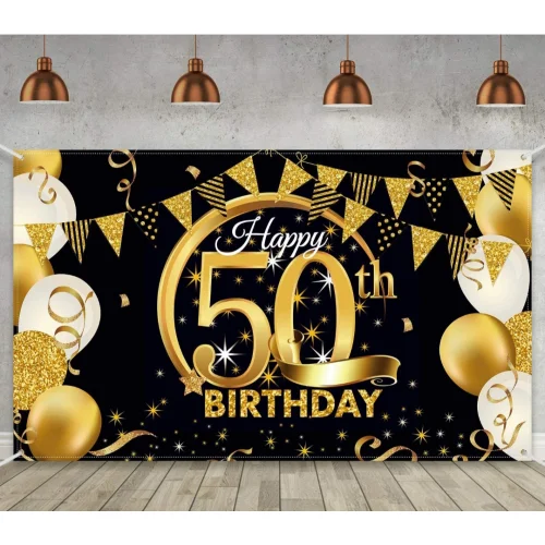 Birthday Party Decoration- 50th Extra Large Fabric Black Gold Sign Poster for Photo Booth Backdrop