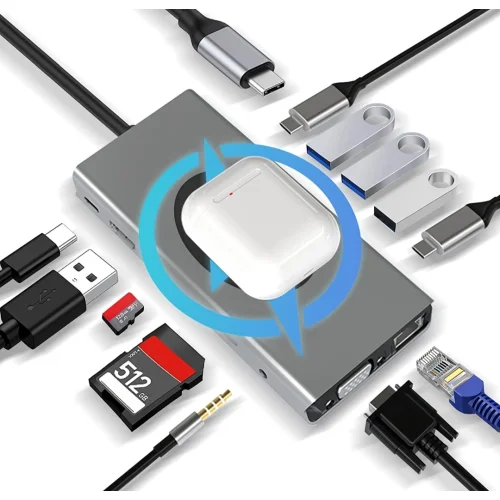 USB C HUB 13 in 1 mit Kabellosem Laden, Docking Station Adapter mit 4K-HDMI, VGA, RJ45 Ethernet