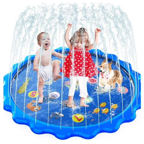 Play Mat for Toddlers, Inflatable Outdoor Party Sprinkler Pad Wading Pool with 5 Patches, Beach-68"