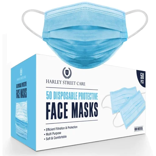 Blue Face Masks Protective 3 Ply Breathable Triple Layer Mouth Cover with Elastic Earloops