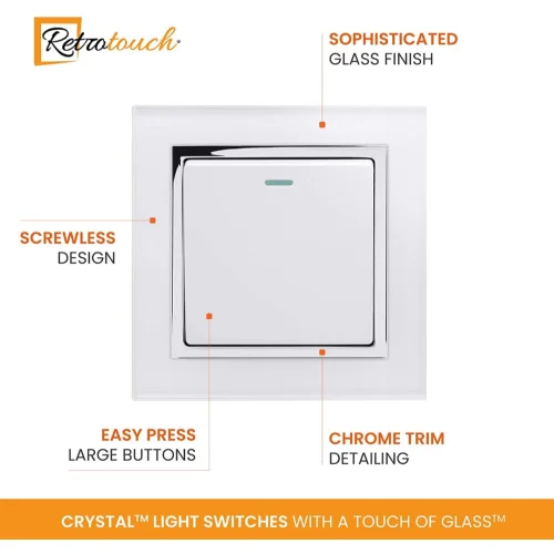 Crystal Single Light Switch, White Chrome Trim, 2-Way, 10AX, White Glass