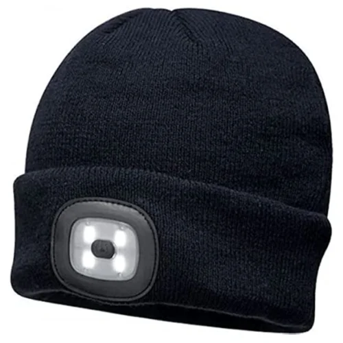 LED RECHARGEABLE BATTERY USB HEAD TORCH LIGHT WARM BLACK BEANIE HAT