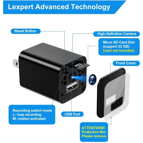 Hidden Camera Mini Spy Charger USB Motion Activated Camera Wide Viewing Angle 4K-Remote Control